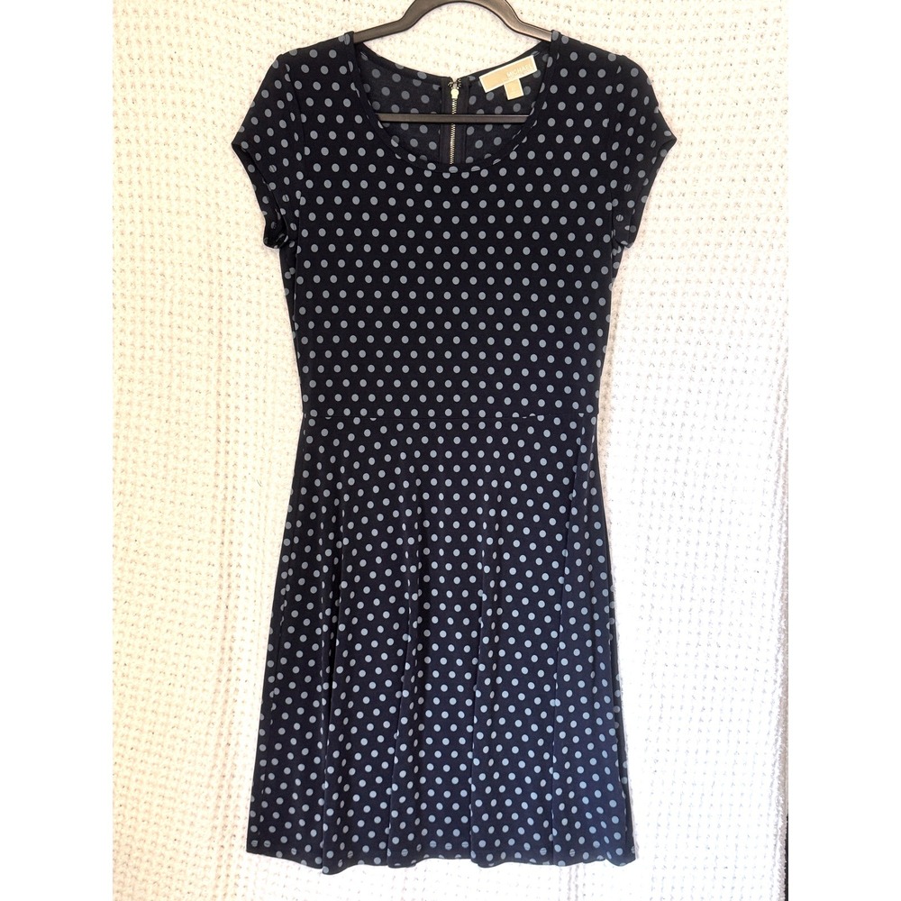 Michael Kors Navy Blue Polka Dot Dress Short Sleeve‎ Gold Zip Casual Career